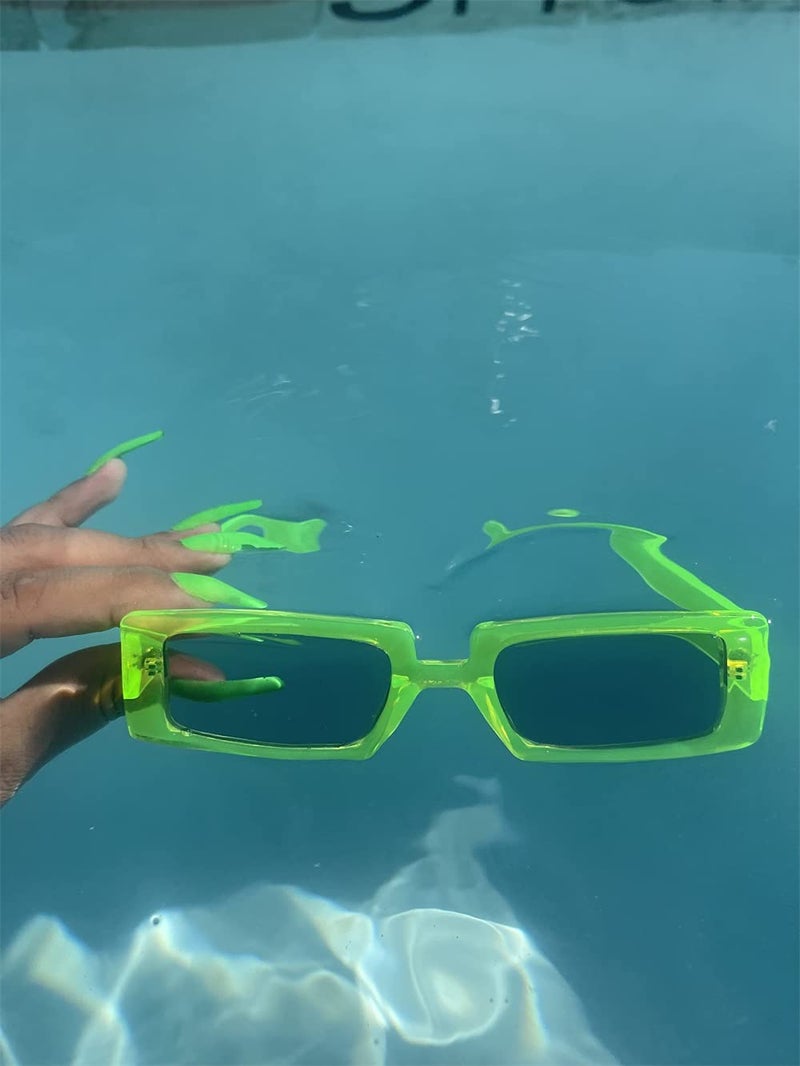 GIFIORE Trendy Rectangle Sunglasses Retro Cool 90s Vintage Fashion Narrow Square Frame UV400 Protection (Neon Green) - Image 3